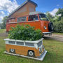 An orange and white camper on the grass