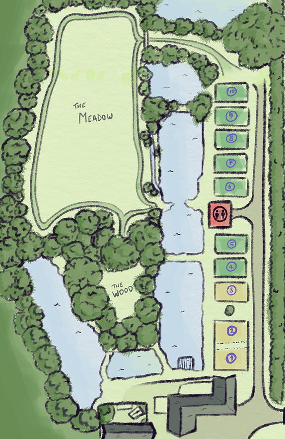 Site plan of the pitches, meadow, wood and lakes